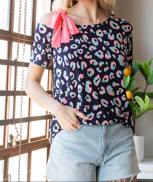 Navy top with Pink Bow Cold Shoulder | (NP) - Nikki &amp; Co. Boutique
