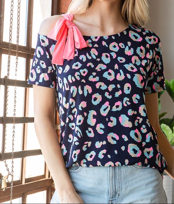 Navy top with Pink Bow Cold Shoulder | (NP) - Nikki &amp; Co. Boutique