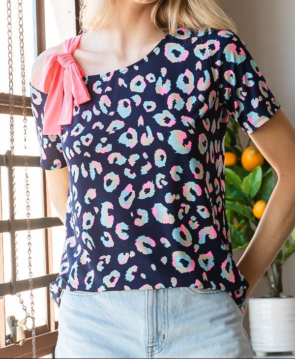 Navy top with Pink Bow Cold Shoulder | (NP) - Nikki &amp; Co. Boutique