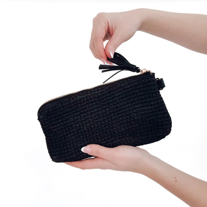 Black raffia wristlet wallet