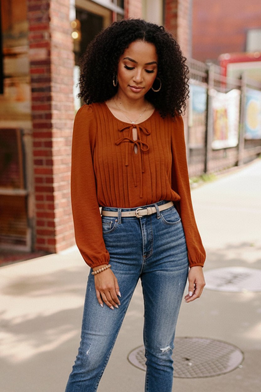 Copper Charm Pleated Blouse | Nikki &amp; Co. Boutique