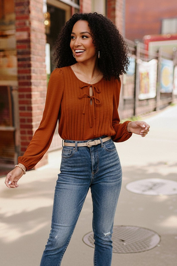 Copper Charm Pleated Blouse | Nikki &amp; Co. Boutique