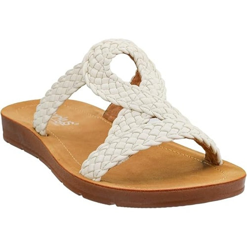 White woven sandal with tan sole on a white background