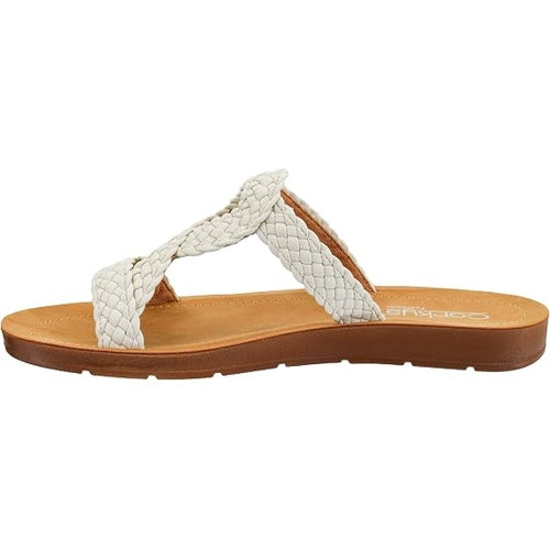 White woven sandal with a brown sole on a white background