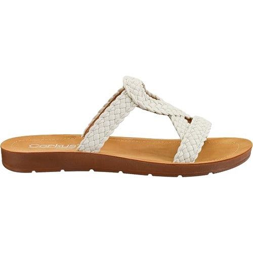 White sandal with braided design on a brown sole against a white background