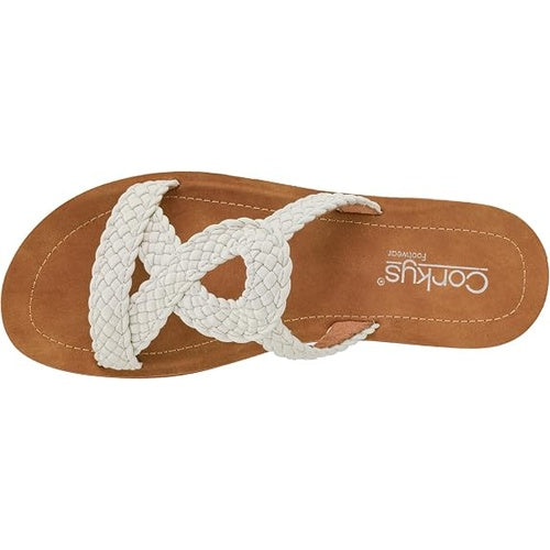 Brown sandal with white braided strap on a white background